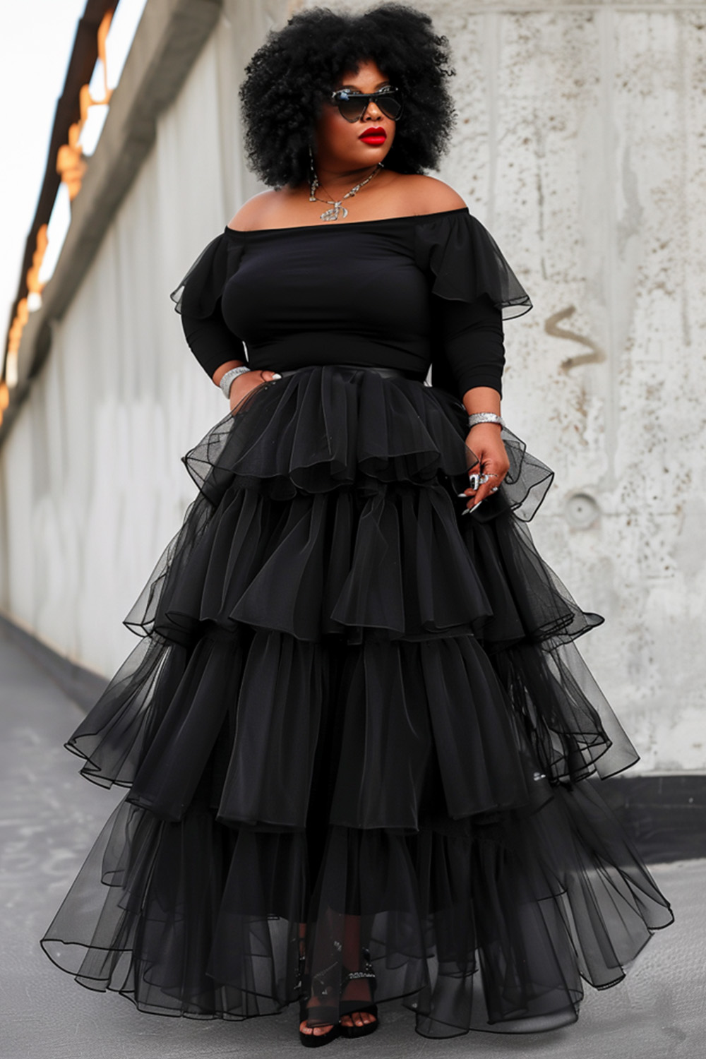 Design Plus Size Daily Elegant Black Ruffle Layered Tulle Skirts [Pre-Order]