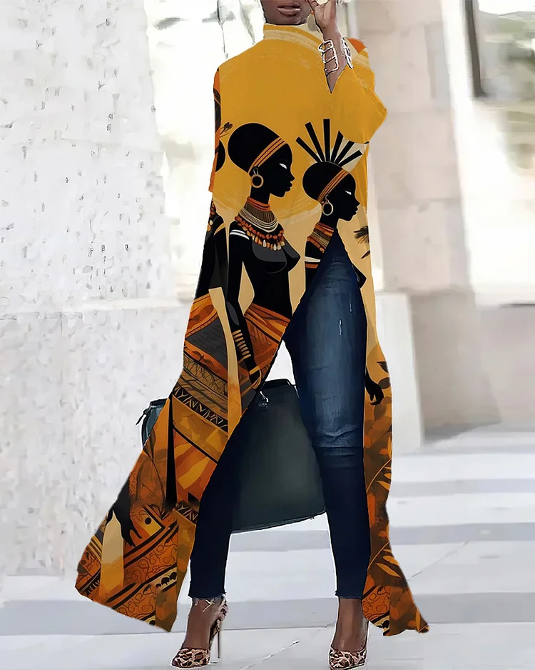 Retro Prints Three-quarter Sleeve Slit T-shirt Dress