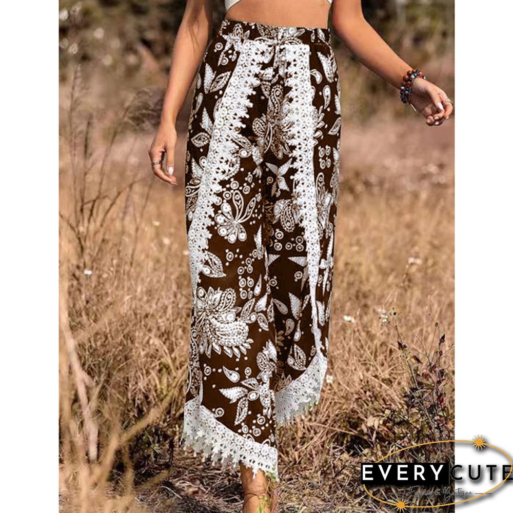 Brown Floral Print Spliced Casual Pants