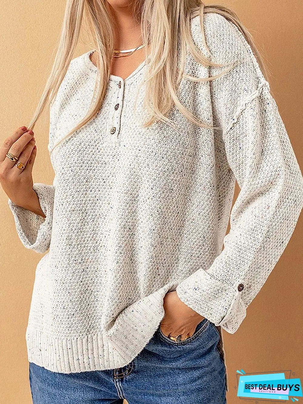 Plain Long Sleeve Buckle V Neck Casual Sweater