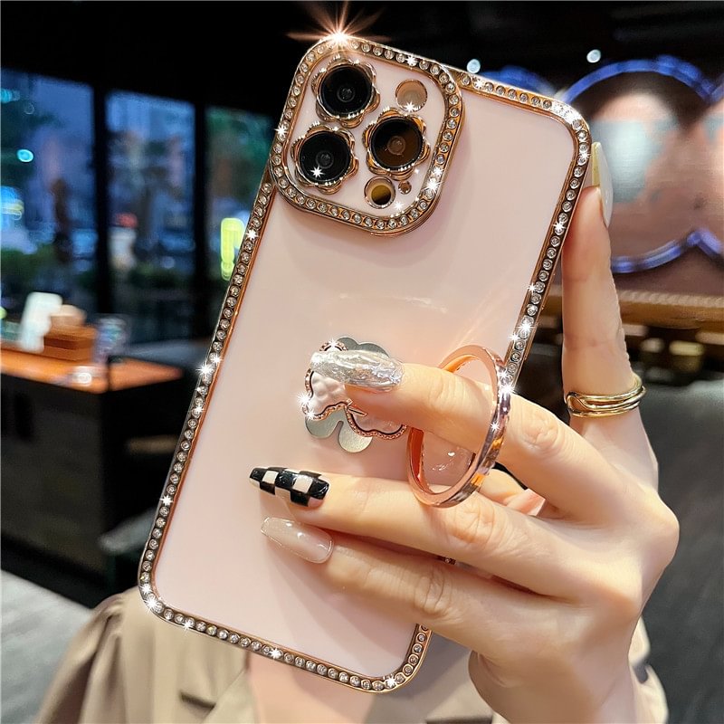Cute Candy Color Diamond Bear Ring Holder Flower Edge Lens Soft Case for iPhone
