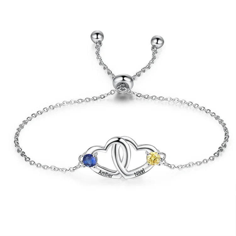 Personalized Heart Bracelet With 2 Birthstones Engraved Names Bracelet Gift For Women