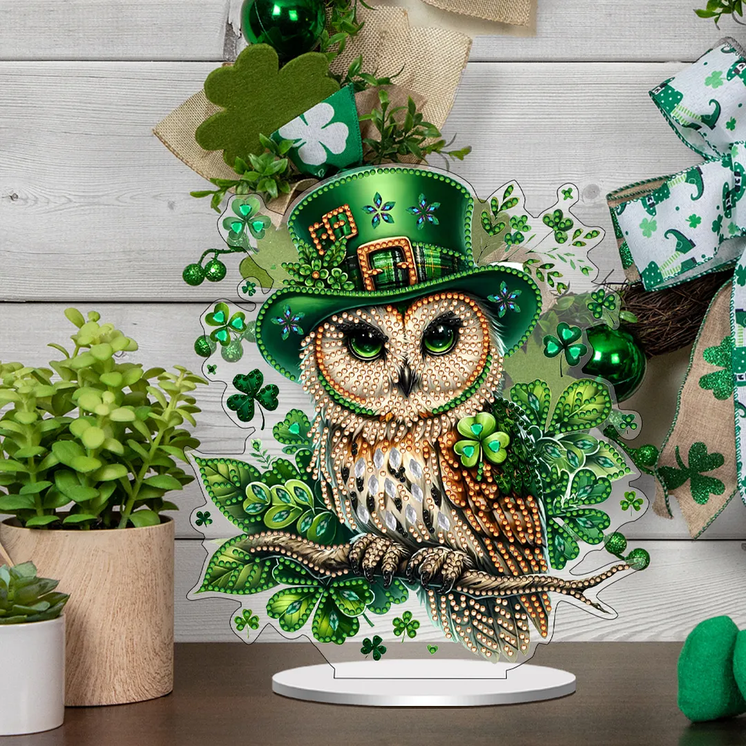 2D Flat DIY St Patricks Day Owl Diamond Painting Tabletop Ornaments Kit Special Shape Crystal Art Craft Decoration Single Side Drill for Living Room Home Office