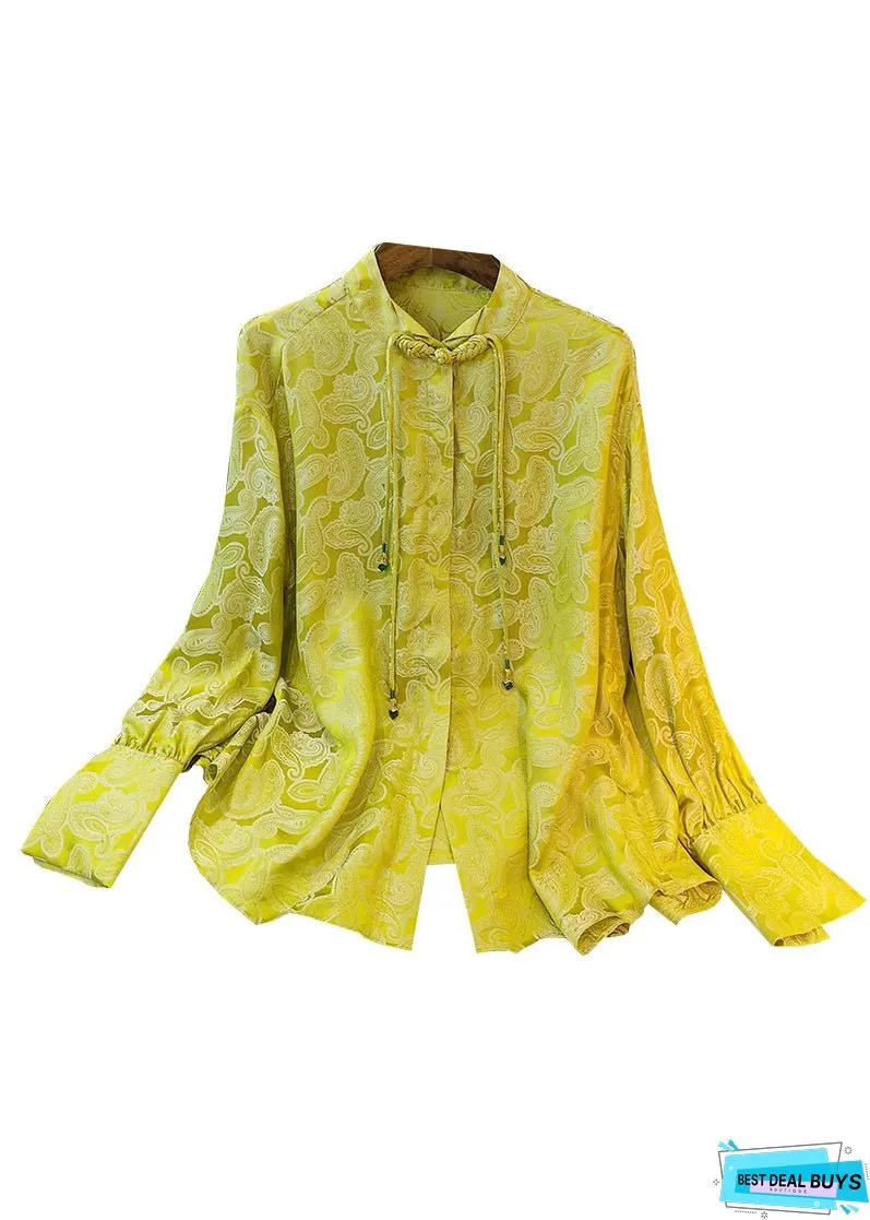 Yellow Stand Collar Jacquard Silk Blouses Long Sleeve