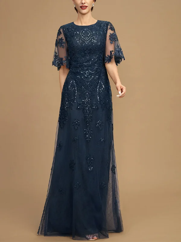 Round Neck Lace Sequins Solid Mesh Gown Maxi Dress