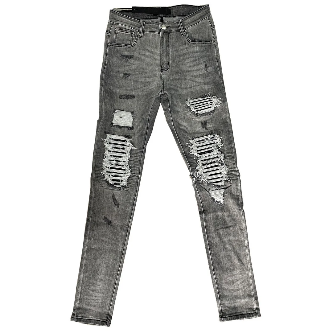 Men's Grey Leather Patch High Street Skinny Stretch Pleated Locomotive Jeans
