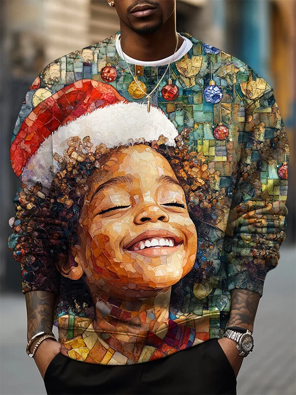 Men's Retro Christmas Happy Black Kids Art Print Casual Sweatshirt