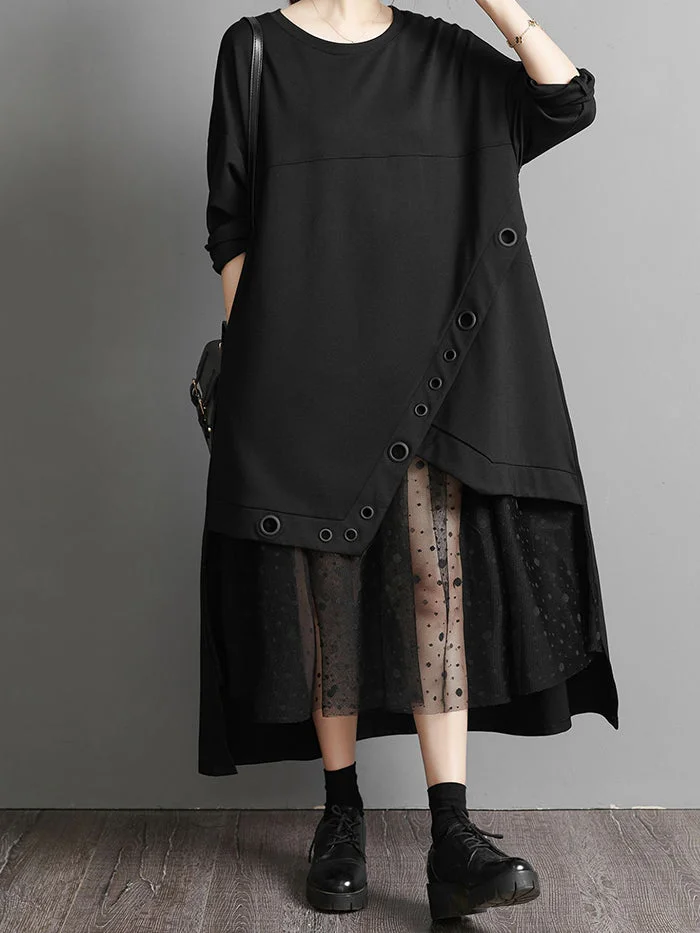 Black Paneled Mesh Pullover Dress