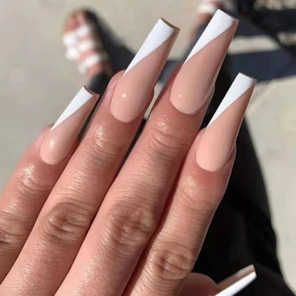 White French Hypotenuse Long Coffin False Nails Artificial Ballerina Fake Nails Full Cover Nail DIY Tips 24Pcs/Box Detachable-Nail Inspo