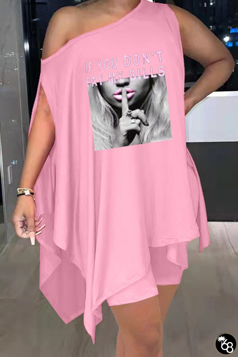 Pink Casual Print Asymmetrical Oblique Collar Sleeveless Two Pieces | 168DEAL