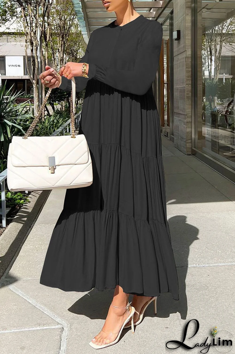 Apricot Casual Solid Patchwork Fold O Neck Straight Dresses