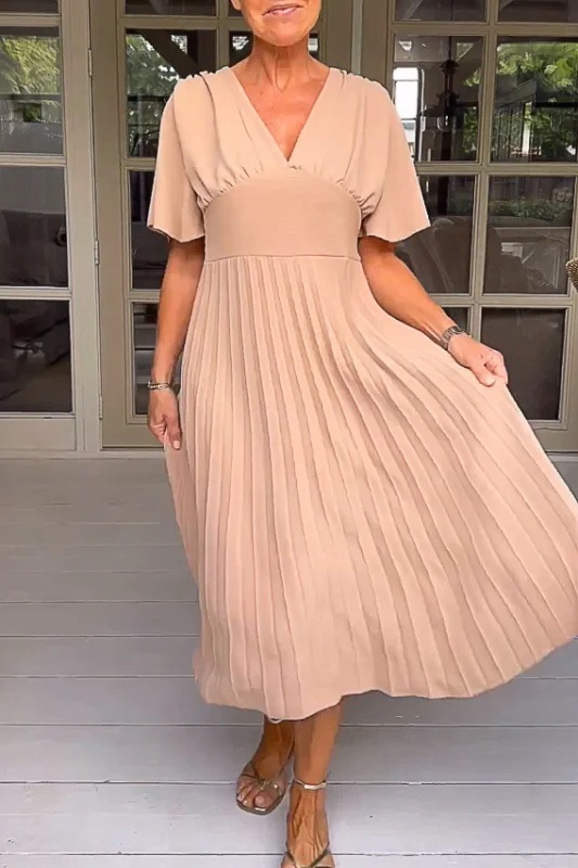 Casual Solid Color V Neck Ruffle Sleeve Pleated Dress