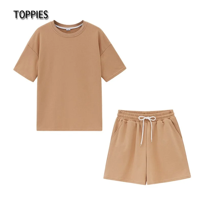 Toppies Summer Tracksuits Womens Two Peices Set Leisure Outfits Cotton Oversized T-shirts High Waist Shorts Candy Color Clothing