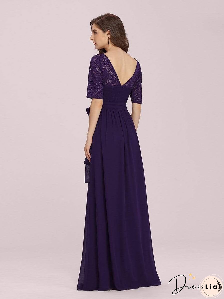 Sophisticated Lace Bodice Chiffon Maxi Evening Gown with Belt for Elegant Occasions