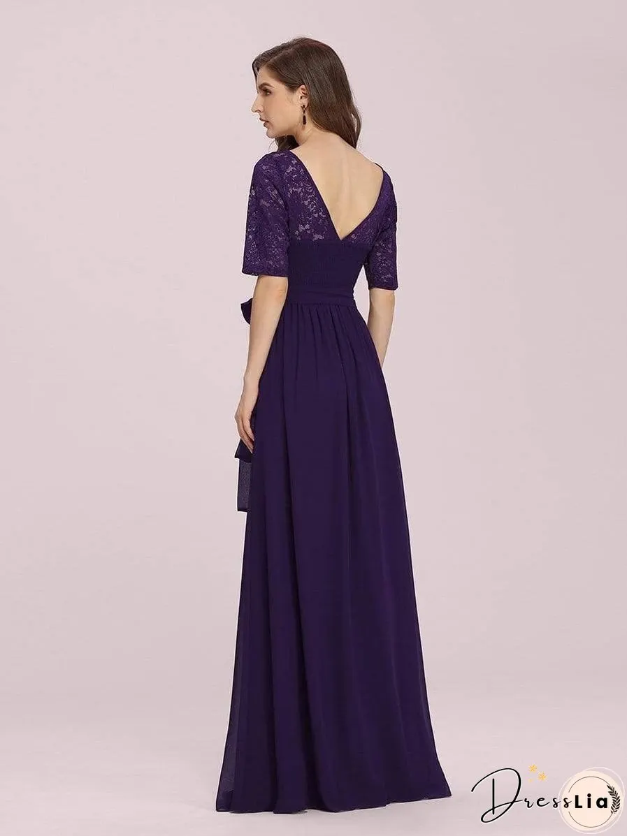 Sophisticated Lace Bodice Chiffon Maxi Evening Gown with Belt for Elegant Occasions