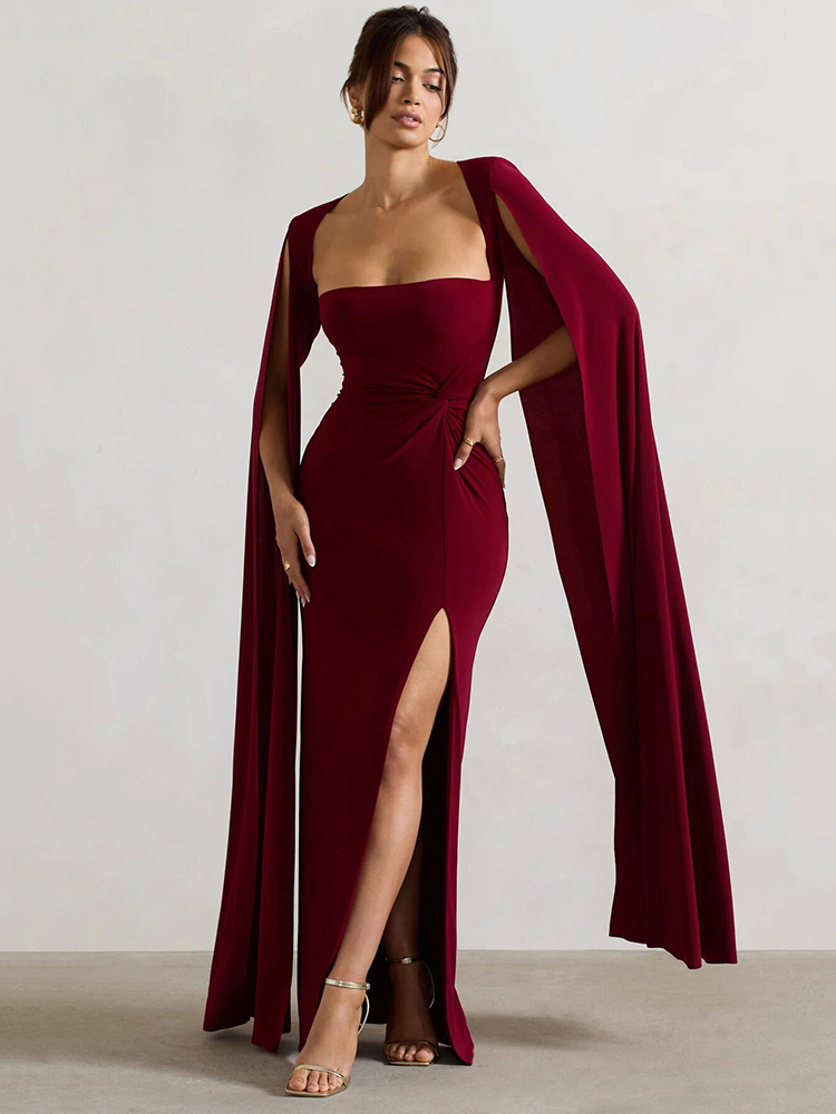 首图4.jpg Elegant Bodycon High Slit Long Sleeved Shawl Women Dress Elasticity Tight Sexy Party Club Evening Dress Female Vestido