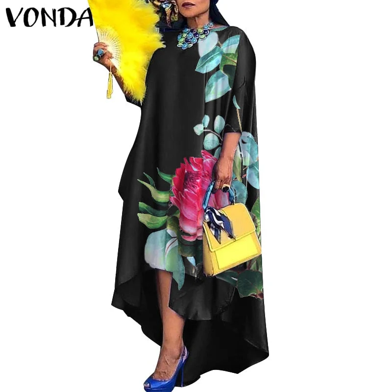 Women Dress 2022 VONDA Vintage Printed Asymmetric Party Long Maxi Dress Femme Robe Beach Sundress Casual Vestido Plus Size Robe