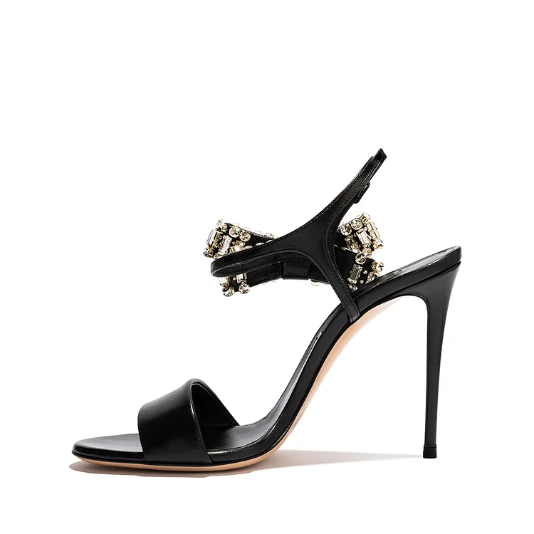 Black Rhinestone Heels Stiletto Heel Sandals |FSJ Shoes