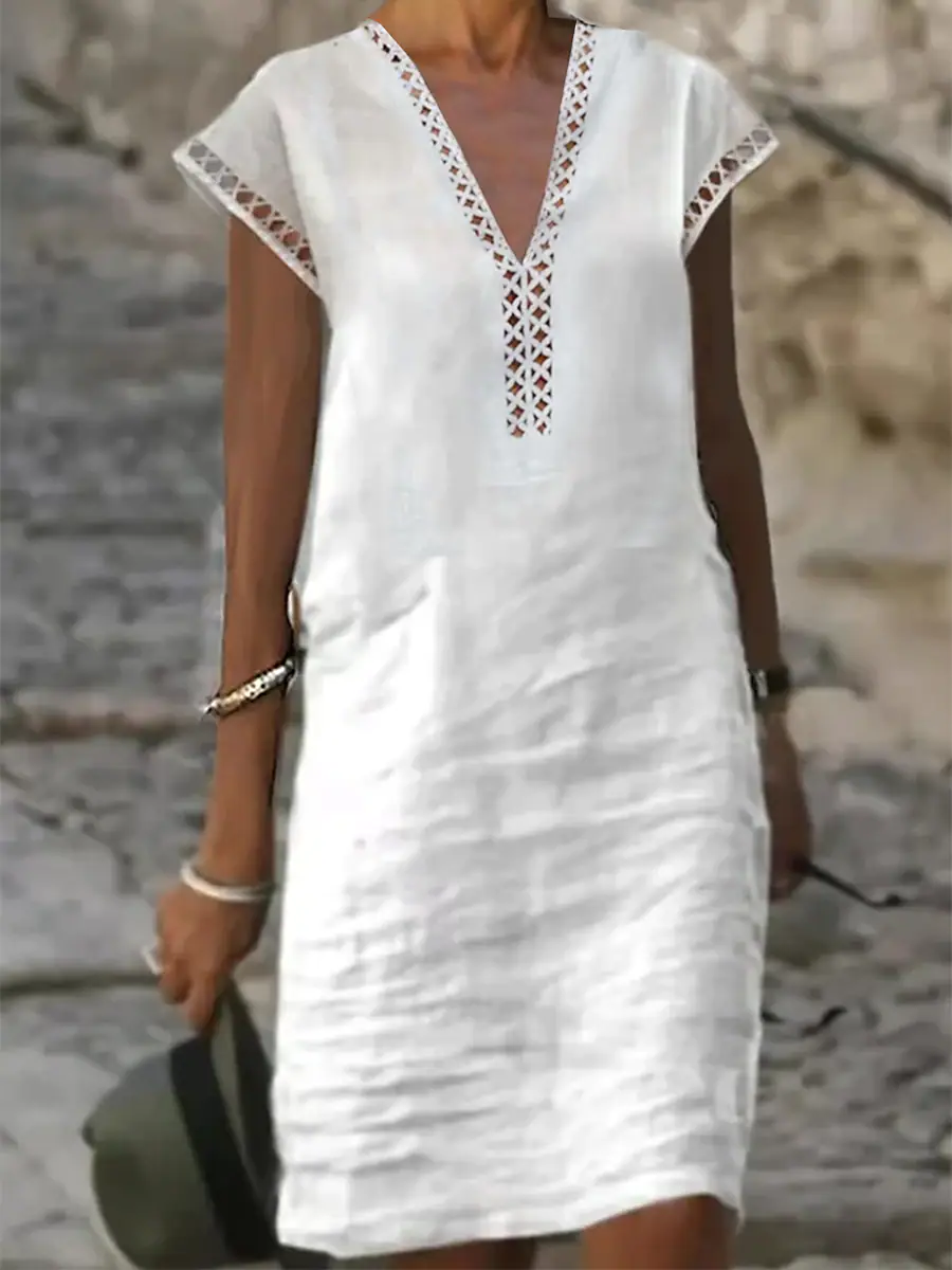 Lace Trim Insert Short Sleeves Cotton  Dress