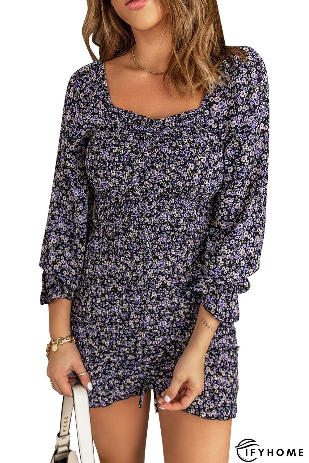 Purple Floral Print Shirred Slim-fit Long Sleeve Mini Dress | IFYHOME