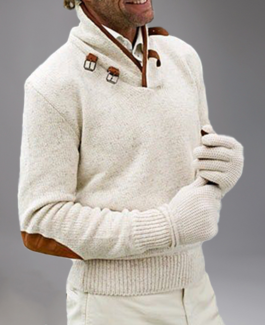 Casual Knitted Patchwork Suede Stand Collar Buckle Sweater