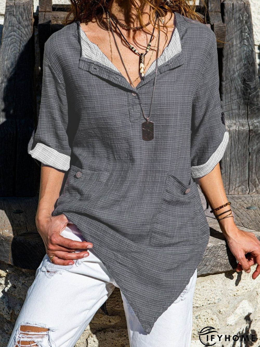 Shift V Neck Casual 3/4 Sleeve Top | IFYHOME