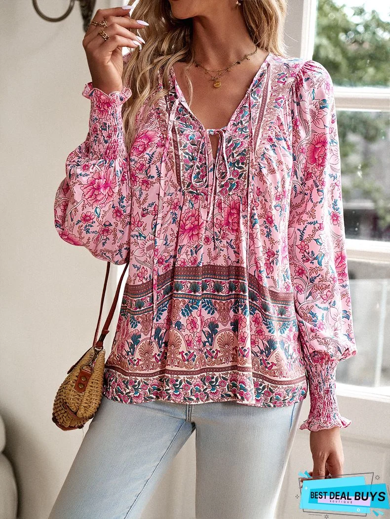 Women's Blouse Shirt Floral Flower Long Sleeve Print Round Neck Tops Basic Top Black Blue Red-809