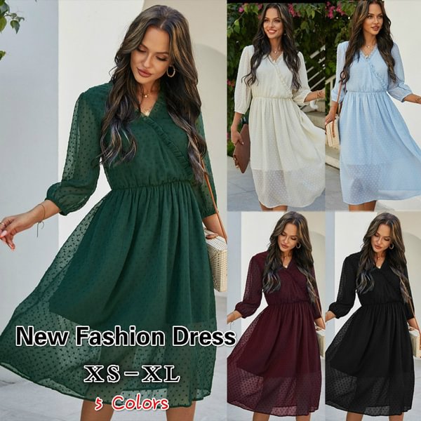 Spring and Summer Women Fashion Chiffon Dress V-neck Middle Sleeve Slim Waist Dress Long Skirt (5 Colors) - Shop Trendy Women's Fashion | TeeYours