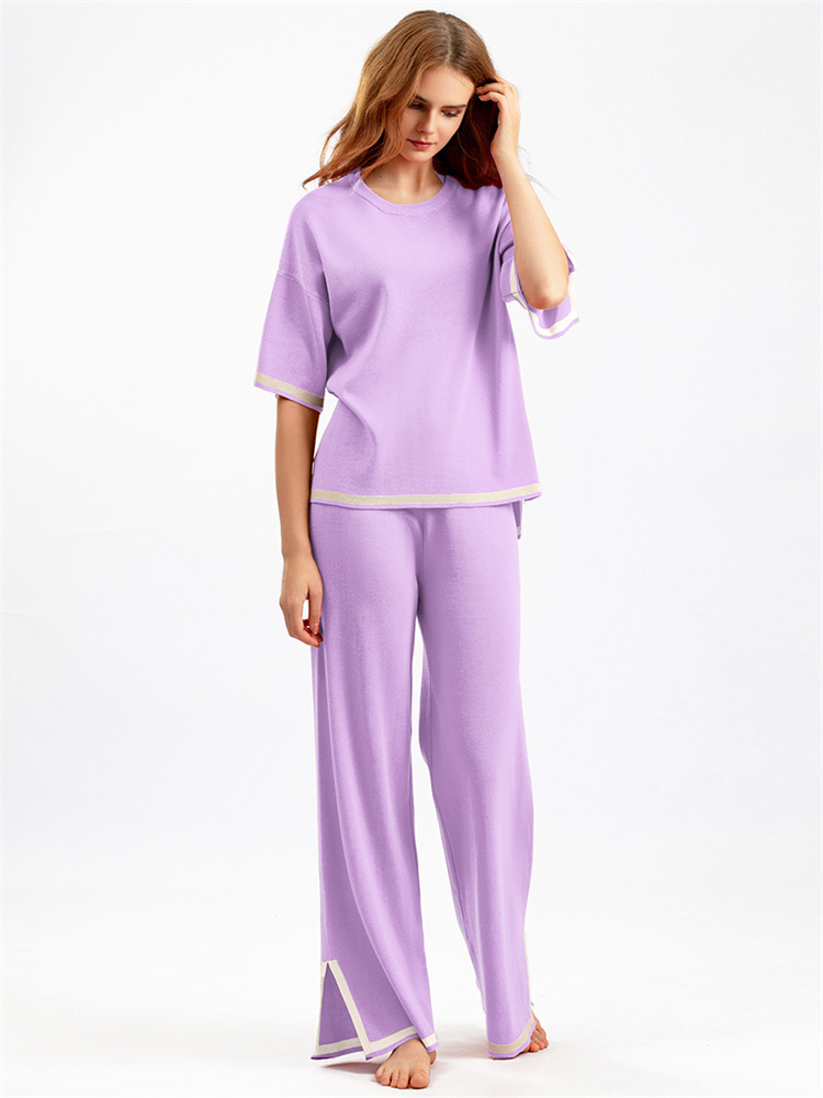 Ootddress Contrast Knit Trousers 2 Piece-Set Female Slim Patchwork Loose Casual Streetwear Pullover And Wide Leg Women's Pants Sets