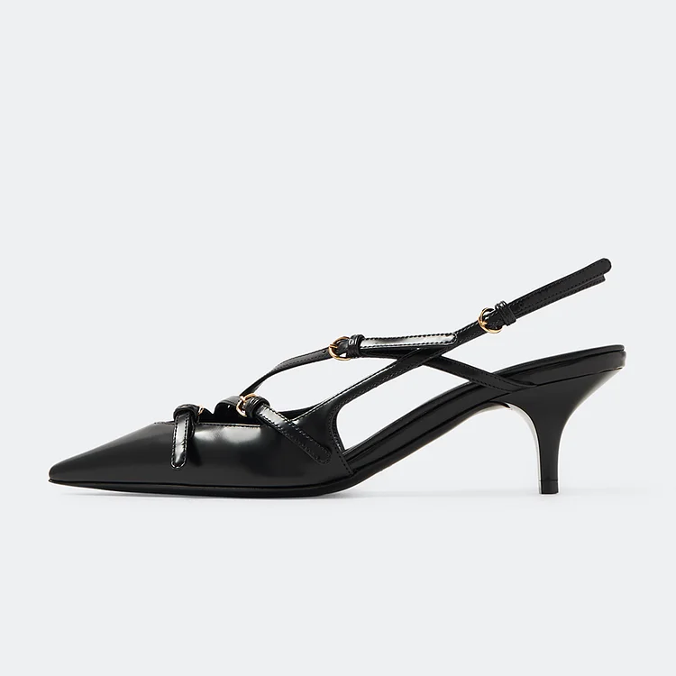 Women's Black Slingback Pumps Pointed Toe Strappy Kitten Heels |FSJ Shoes