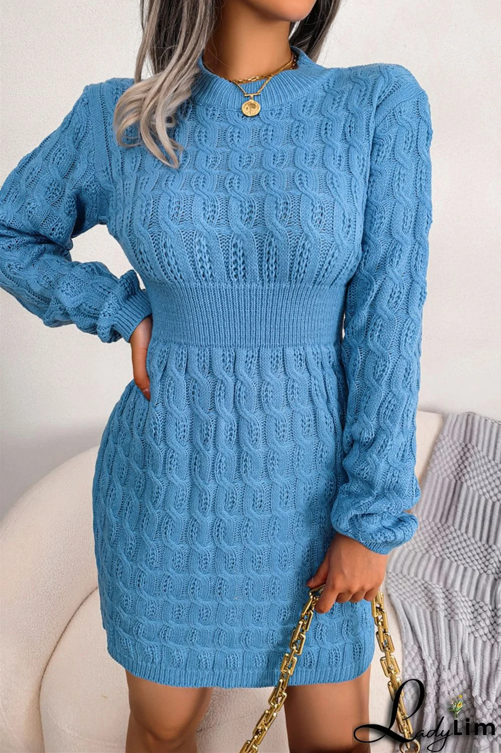 Blue Fashion Casual Solid Patchwork O Neck Long Sleeve Dresses