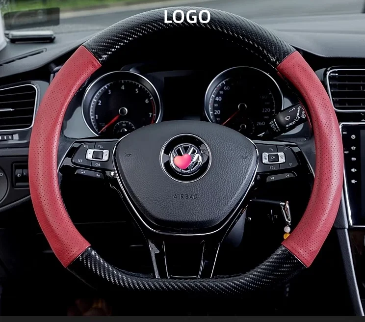 Customized car logo carbon fiber leather steering wheel cover