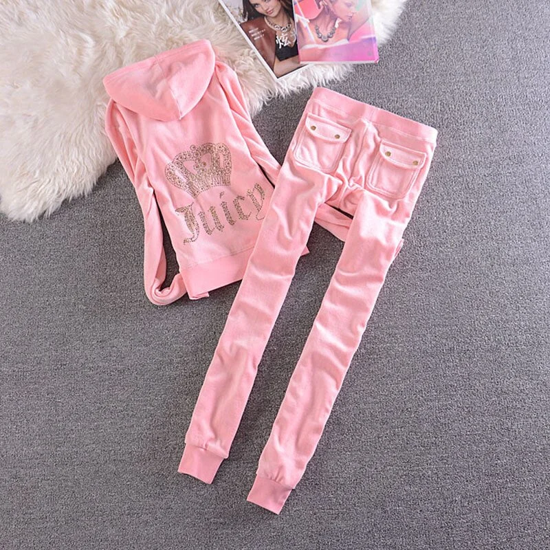 Spring/Fall 2021Velvet Tracksuit Two Piece Set Women Sexy Hooded Long Sleeve Top And Pants Bodysuit Suit Runway Fashion