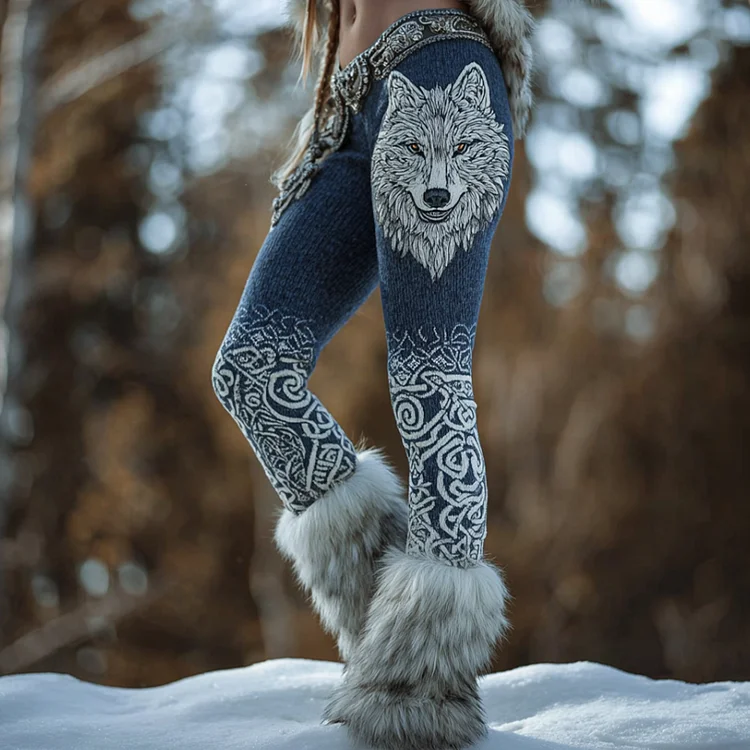 3d Wolf Head Retro Viking Style Women's Tight Knit Leggings