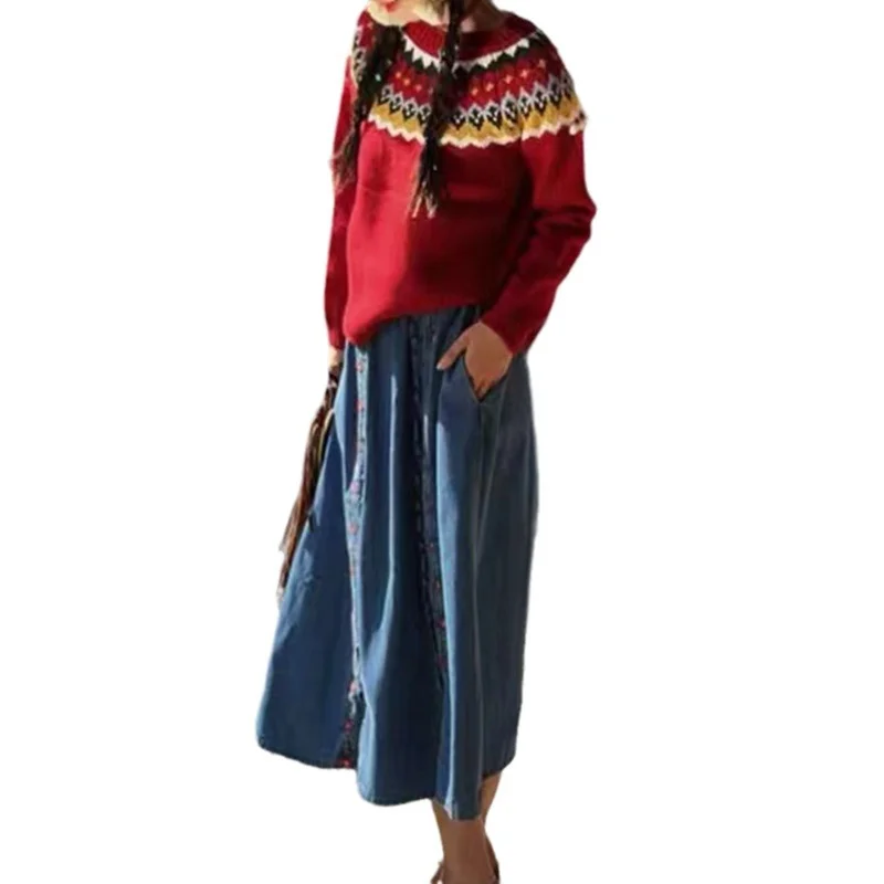 Churchf Churchf National Style Jacquard Small Red Sweater Design Sense Contrast Color Thick Sweater Autumn Winter New Foreign Style Jacket