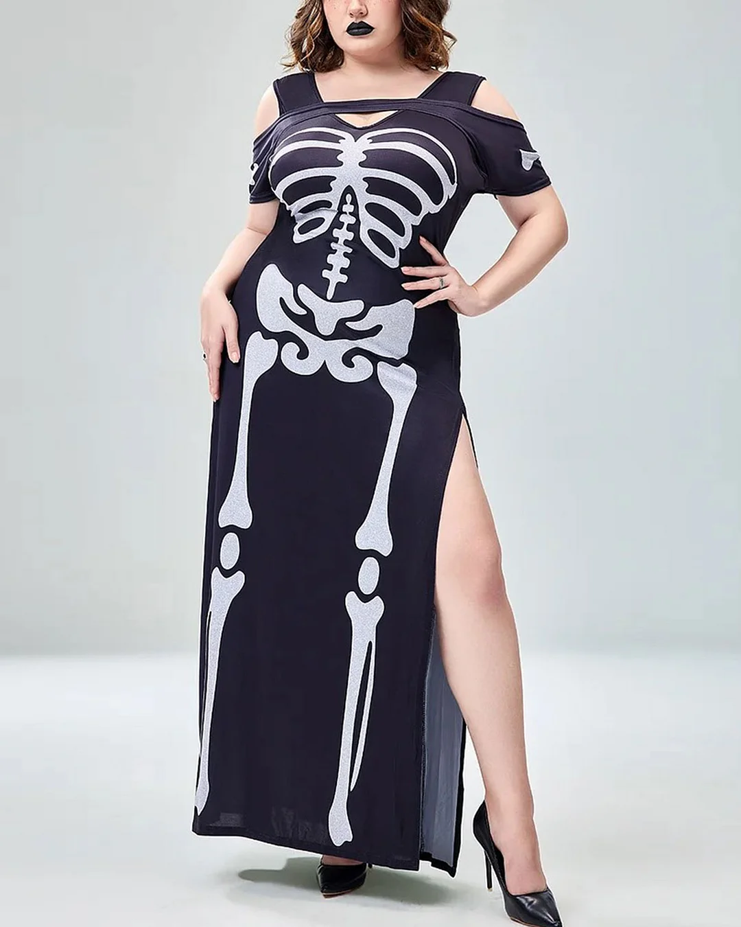 Plus Size Halloween Costume Black Skeleton Print Cold Shoulder Split Knitted Maxi Dress