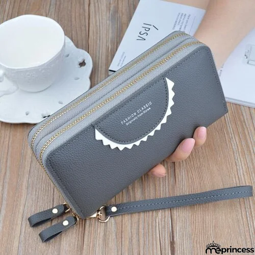 Women's Leather High Capacity Double Zipper With Wristband Purses