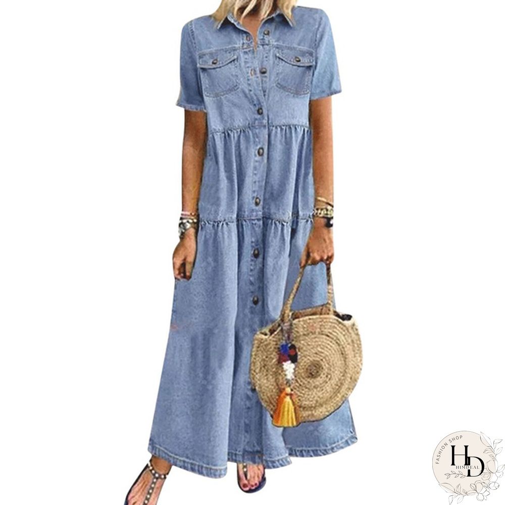 Ladies Summer Autumn Denim Long Skirt Retro Pocket Jeans Long Skirt Ladies Casual