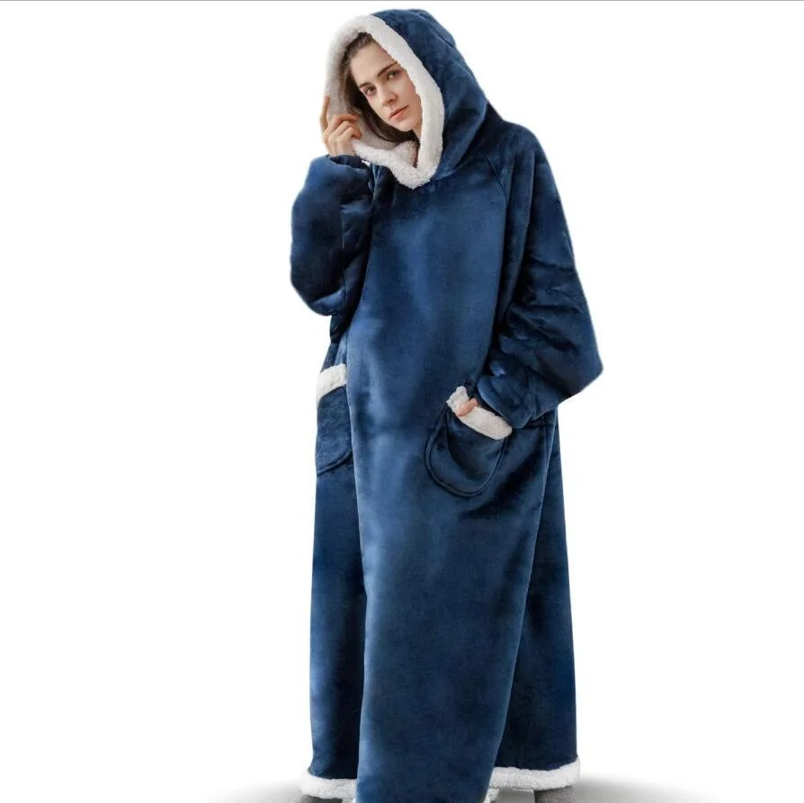 Ailegogo Winter Warm Women Extra Long TV Hooded Blanket Sofa Cozy Plaid Pocket Fleece Adults Kids Bathrobe Oversized Outwear