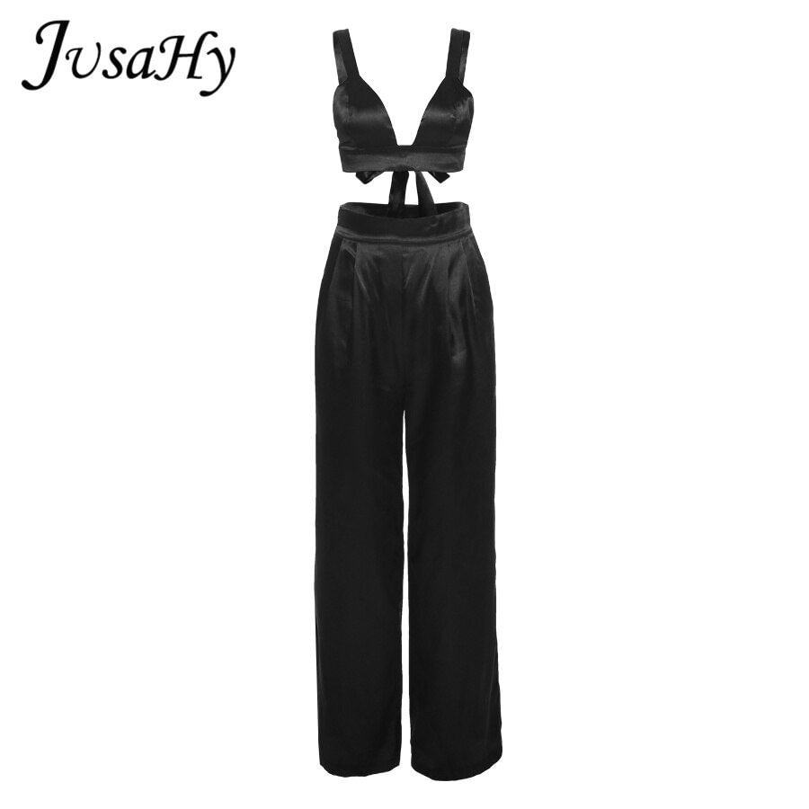 JuSaHy Y2K Solid Elegant Two Pieces Sets for Women Backless Crop Top And High Waist Wid-leg Pants Matching Outfits Autumn New