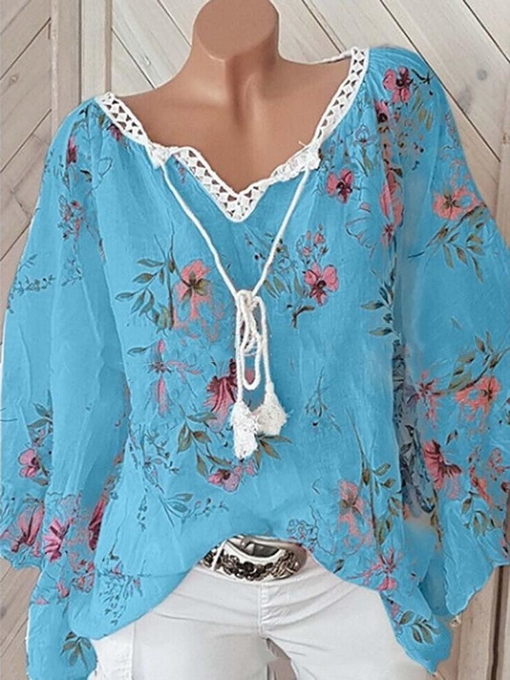 Summer New Women's V-Neck Panel Print Large Long Sleeve Blouses & Shirts