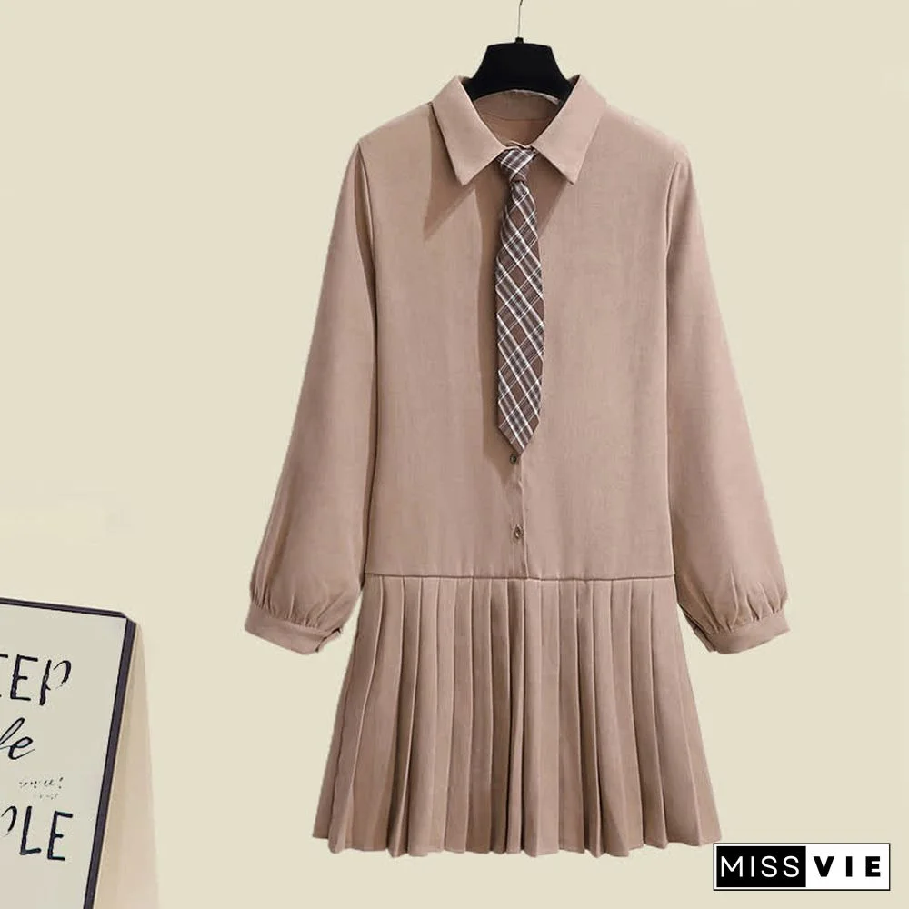 Lapel Tie Pleated Shirt Dress Rhombus Print Vest Two Pieces Set