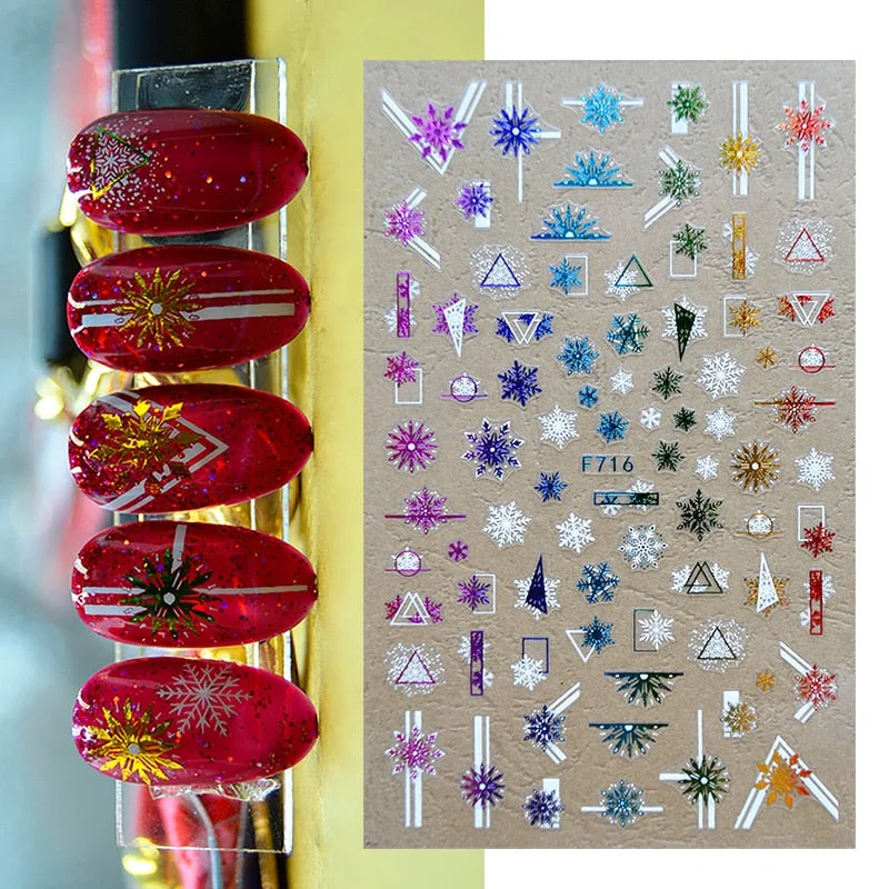 3D Christmas Nail Art Decoration Stickers Sparkly Gold White Colorful Glitter Geometry Snowflake Winter Slider Nail Foils-Nail Inspo