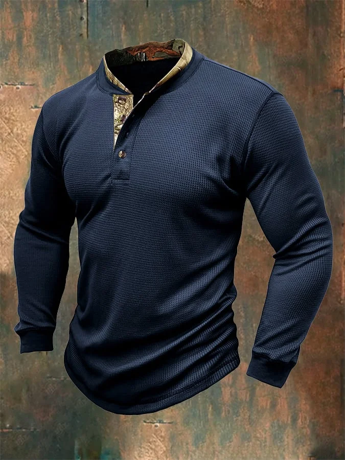 🔥BUY 3 GET 10% OFF🔥Long Sleeve Waffle Contrast Color Casual Henley Neck T-Shirt