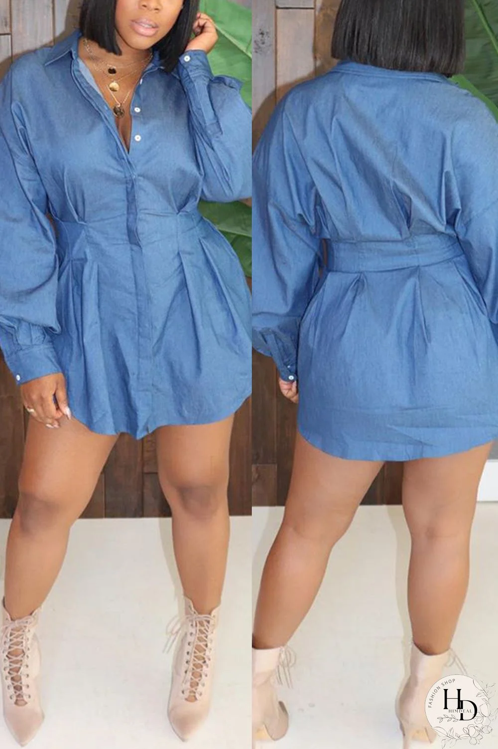 Blue Fashion Casual Solid Basic Turndown Collar Lantern Dress