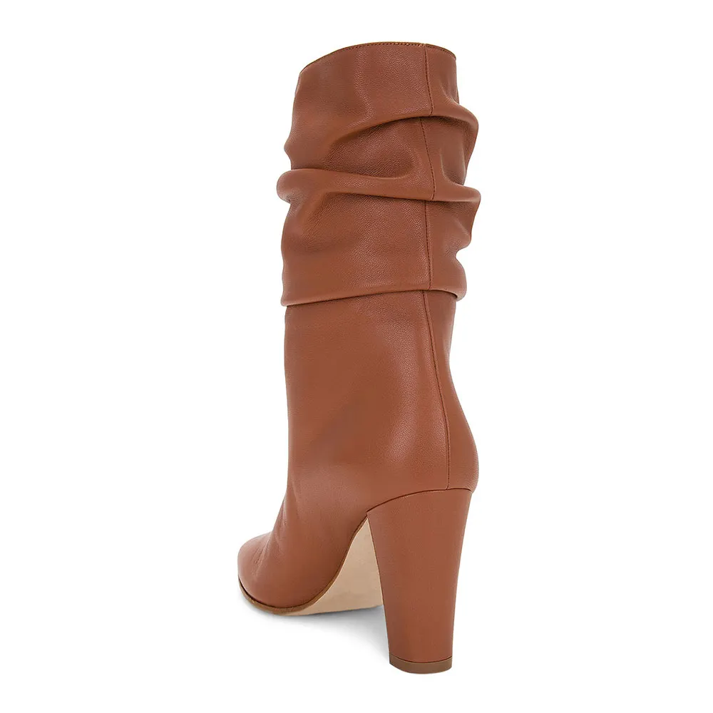Classic Pointed Toe Chunky Heel Slouch Mid Calf Boots in Tan