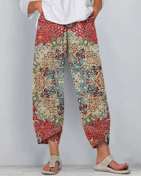 Women Irregular Floral Print Casual Capris Pants
