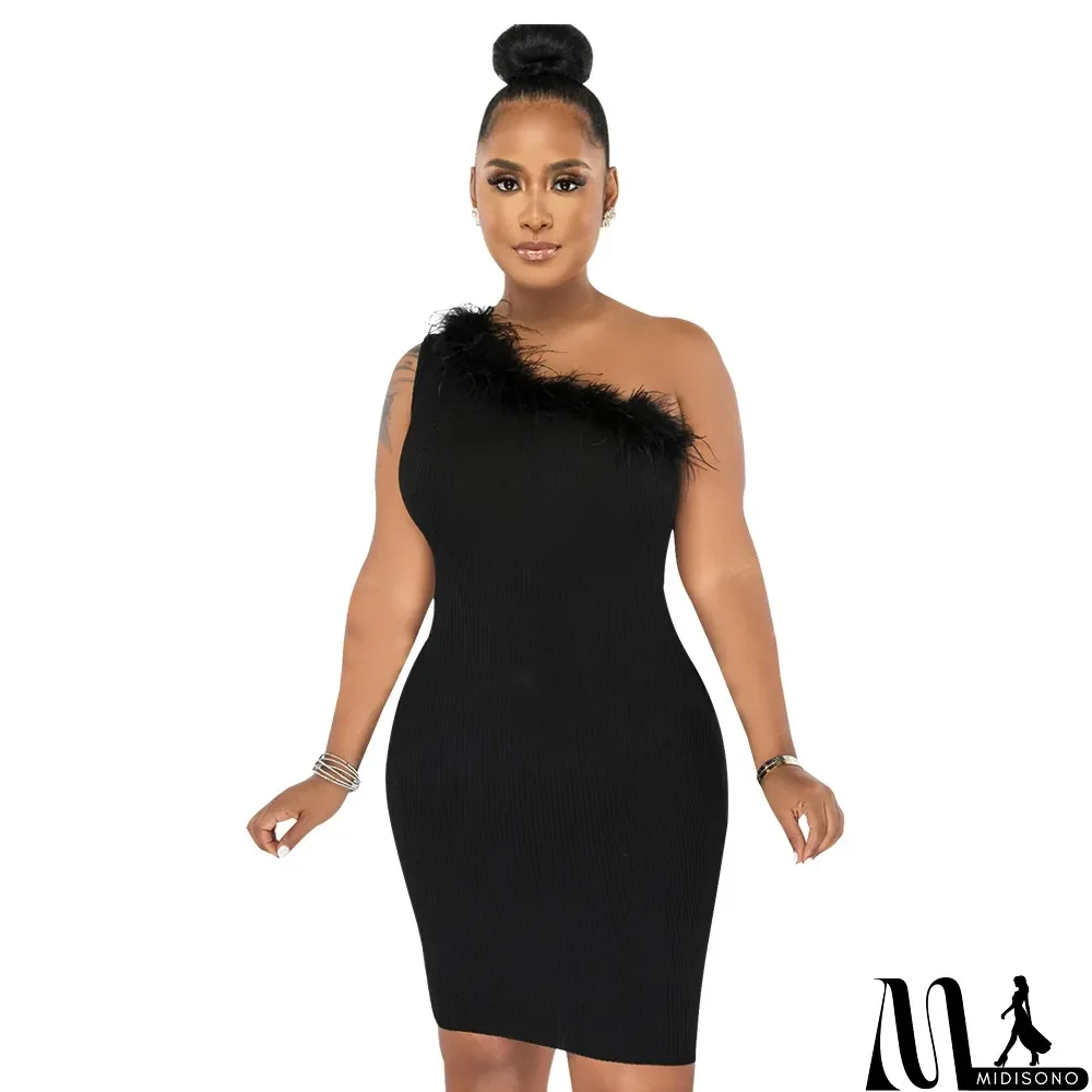 MidiSono - Ladies' Fashion Ribbed Feather Slash Shoulder Sleeveless Bodycon Dress