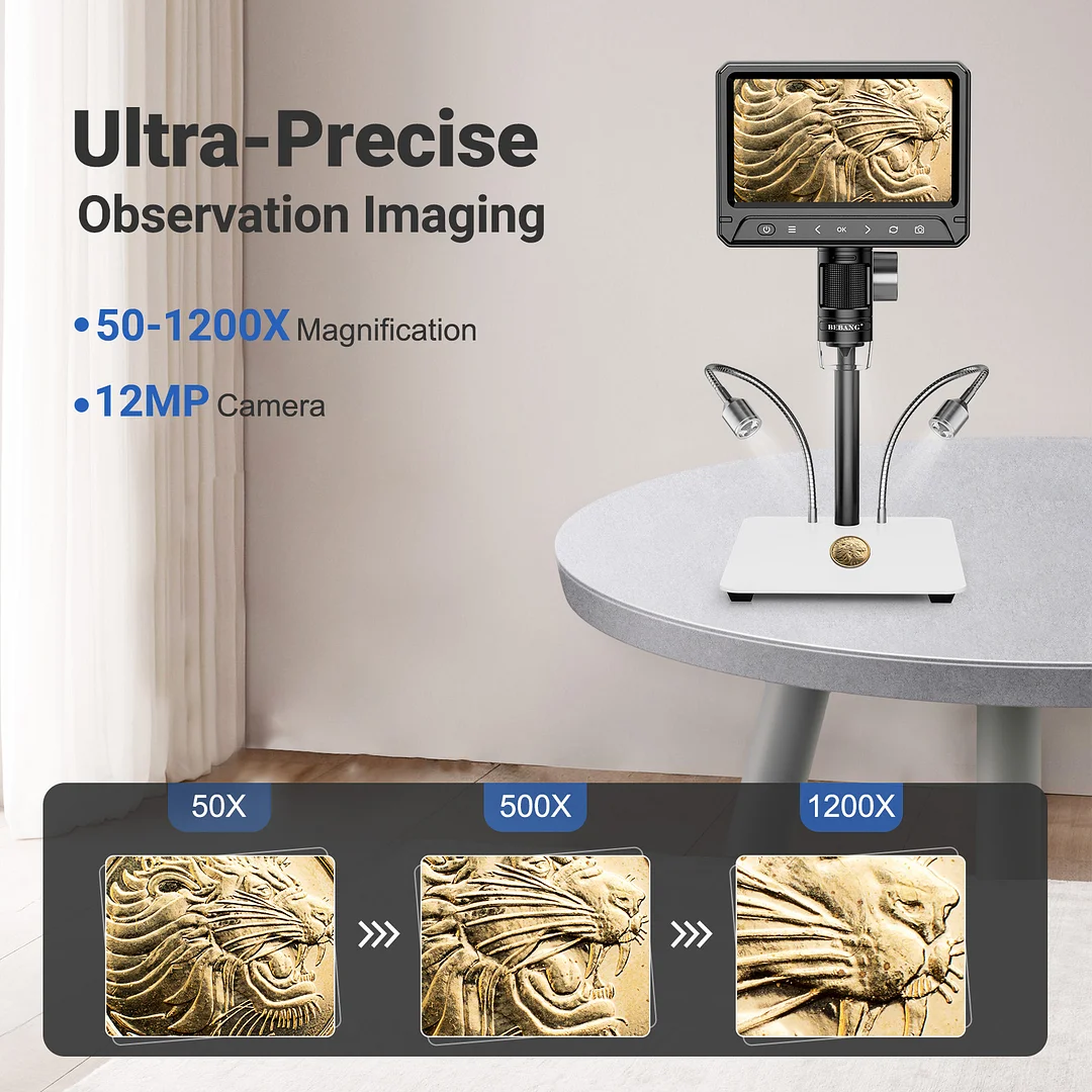 BEBANG 7" Coin Microscope, 1200X LCD Digital Microscope with 8 Adjustable LED Lights, 2 Flexible Side Lights, PC View Compatible with Windows Mac OS, 32GB