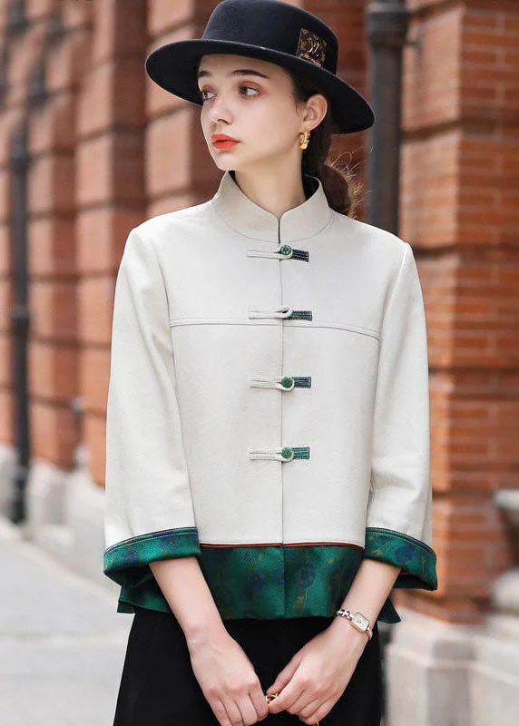 Classy Beige Chinese Button Patchwork Faux Leather Coats Spring